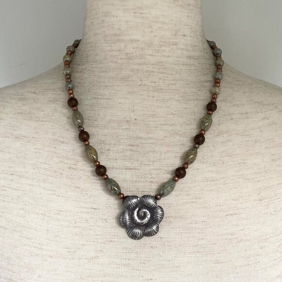 Sterling Silver 925 Floral Flower Bronze Green Glass Beaded Necklace 19.5" - Picture 2 of 16